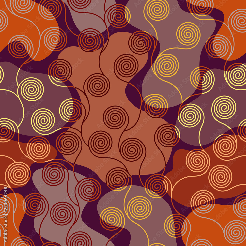 Seamless brown patchwork pattern. Curly waves pattern in Art Nouveau style. Vector illustration.