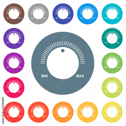 Volume control with captions flat white icons on round color backgrounds