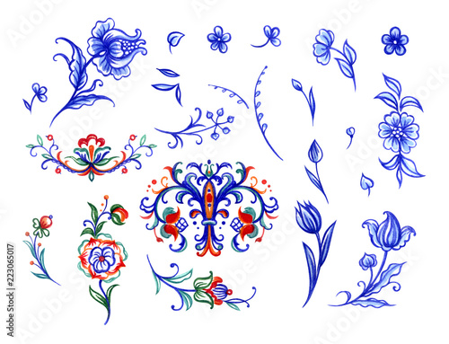 Set of patterns in a traditional folk style, watercolor drawing on a white background, isolated.