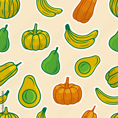 fruits seamless pattern vector illustration with banana  avocado  pears and pumpkin