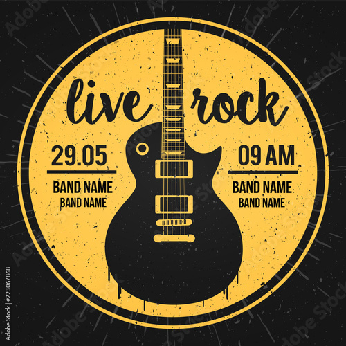 Vector Illustration poster for a live rock music festival with guitar and inscription in retro style. Template for flyers, banners, invitations, brochures and covers.