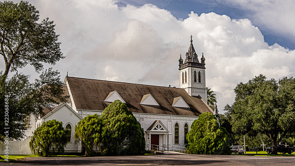 Wallis, Texas, USA - September 15, 2018 A small country church in Wallis, TX has a small gathering on a Saturday morning. Wallis, Texas, USA - September 15, 2018 A small country church in Wallis, TX has a small gathering on a Saturday morning.
