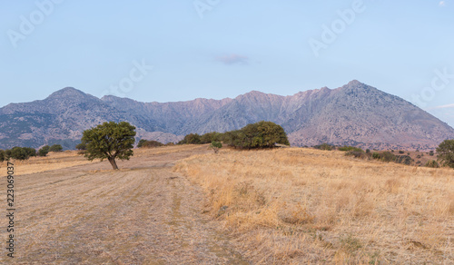 Panoramic view of Fengari Mountain before sunset, also known as Saos in Samothrace island, Greece