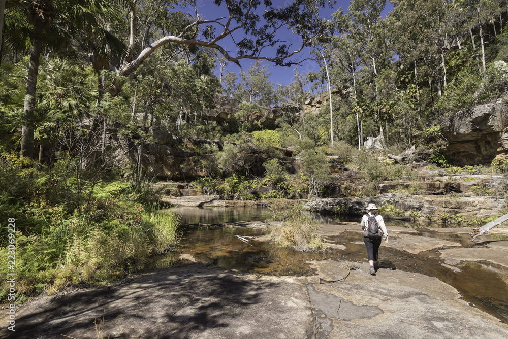 Obraz premium A female hiker on the riverbed below the virtually dry waterfall at the top of Rainbow Waters (Gudda Gumoo) gorge in Blackdown Tableland National Park, Queensland, Australia.