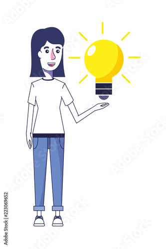 woman with casual clothes and bulb idea
