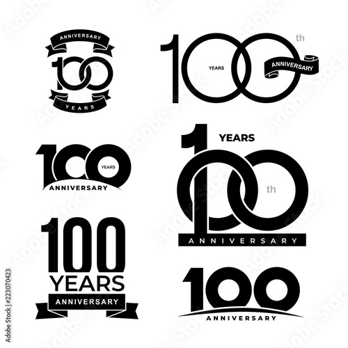 Set of 100 years anniversary icon. 100-th anniversary celebration logo. Design elements for birthday, invitation, wedding jubilee, postcards. Vector illustration. Isolated on white background. photo