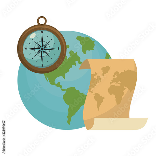 global planet with map and compass tools