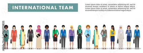 Group of business women standing together on white background in flat style. Business team and teamwork concept. Different nationalities and dress styles. Flat design people characters.