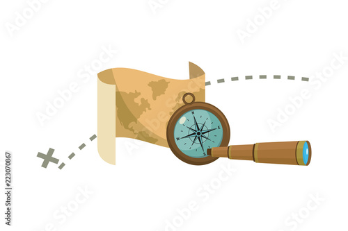 map with destination location and compass with monocular