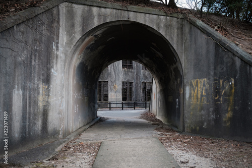 MIYAJIMA  JAPAN - FEB 04  2018  Tunnel and Abandoned poison factory of war in Miyajima Rabbit island