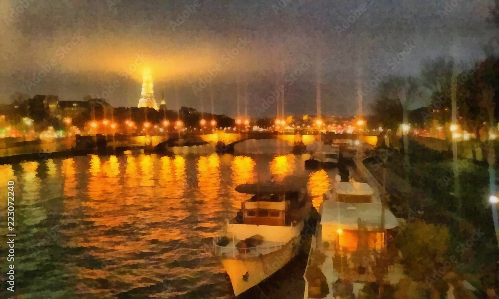 Fototapeta premium Hand drawing watercolor art on canvas. Artistic big print. Original modern painting. Acrylic dry brush background. Beautiful evening Paris landscape.