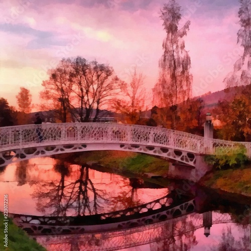 Hand drawing watercolor art on canvas. Artistic big print. Original modern painting. Acrylic dry brush background. Beautiful violet sunset landscape.