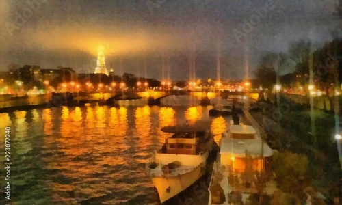 Hand drawing watercolor art on canvas. Artistic big print. Original modern painting. Acrylic dry brush background. Beautiful evening Paris landscape.