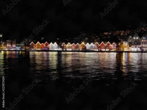 Hand drawing watercolor art on canvas. Artistic big print. Original modern painting. Acrylic dry brush background. Beautiful European night city landscape.