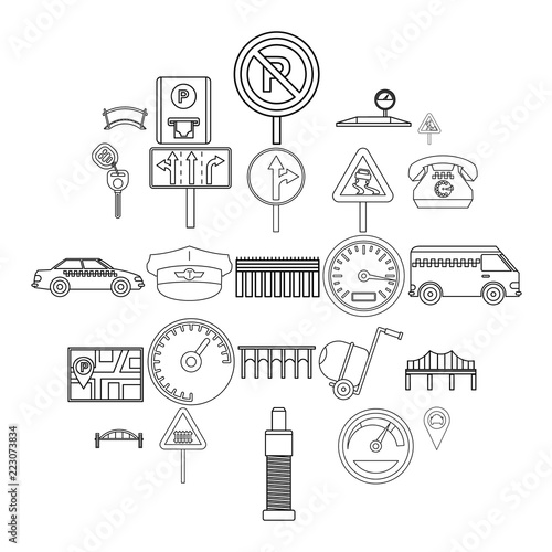 Pavement icons set. Outline set of 25 pavement vector icons for web isolated on white background
