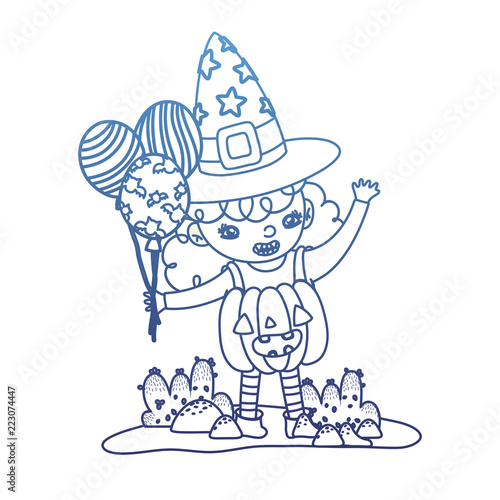 degraded outline happy gril with pumpkin costume and balloons