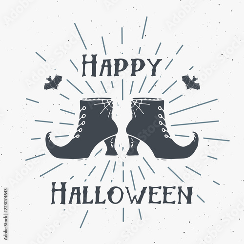 Halloween greeting card vintage label, Hand drawn sketch witch items, grunge textured retro badge, typography design t-shirt print, vector illustration