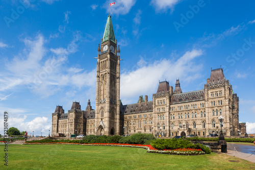 The Center Block and the Peace Tower in Parliament Hill, Ottawa, Canada. Center Block is home to the Parliament of Canada photo