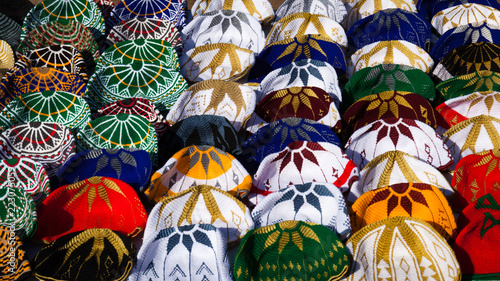 Fotografie Knitted Moroccan hats on display for sale in Marrakesh, Morocco