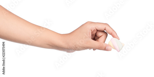 Photography hand holding sweet Marshmallow pastel isolated on white background
