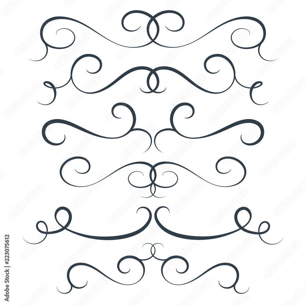 Vector flourish set, scroll collection, curl decoration elements, vintage top and bottom decor - obrazy, fototapety, plakaty 