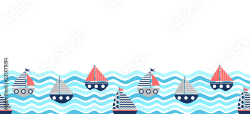 Vector seamless horizontal border with red and blue boats and waves for summer backgrounds and brochures