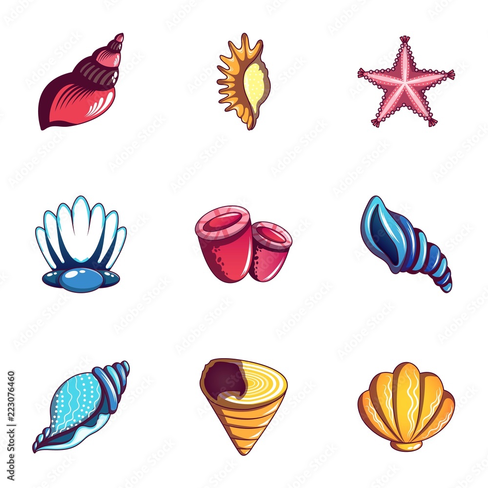 Seashell icons set. Cartoon set of 9 seashell vector icons for web isolated on white background Seashell icons set. Cartoon set of 9 seashell vector icons for web isolated on white background