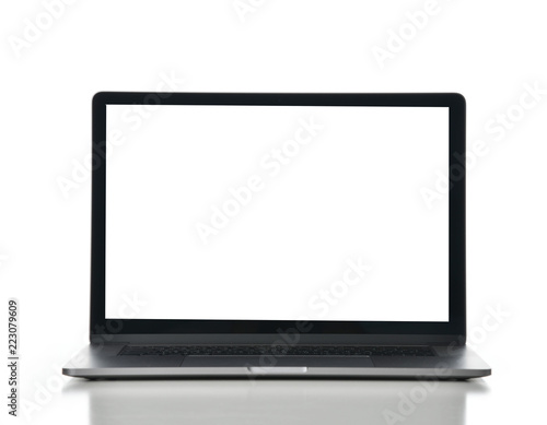New laptop computer display with keyboard and blank white screen isolated on a white 