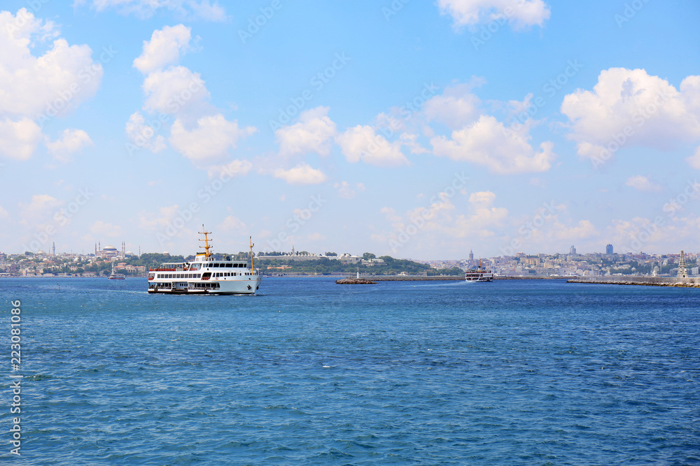 ISTANBUL, TURKEY - AUGUST 07, 2018: Ship in sea with city on background