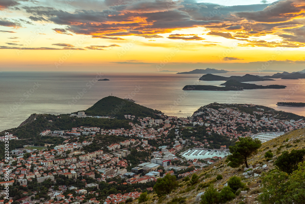 View to the sunet of Dubrovnik and its near isles