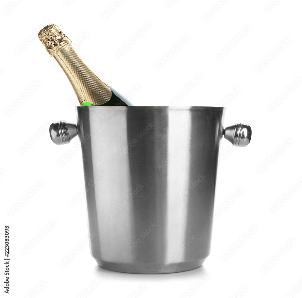 Bottle of champagne in bucket on white background Bottle of champagne in bucket on white background
