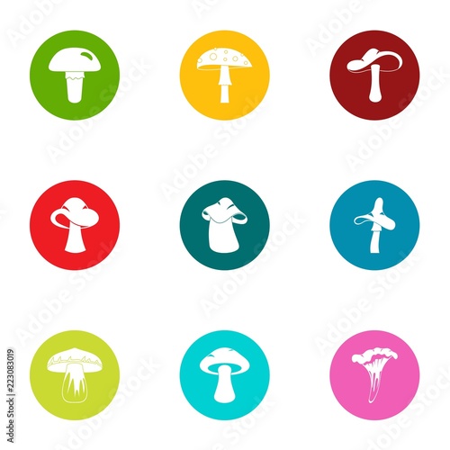 Mushroom picker icons set. Flat set of 9 mushroom picker vector icons for web isolated on white background