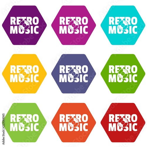 Festival retro music icons 9 set coloful isolated on white for web