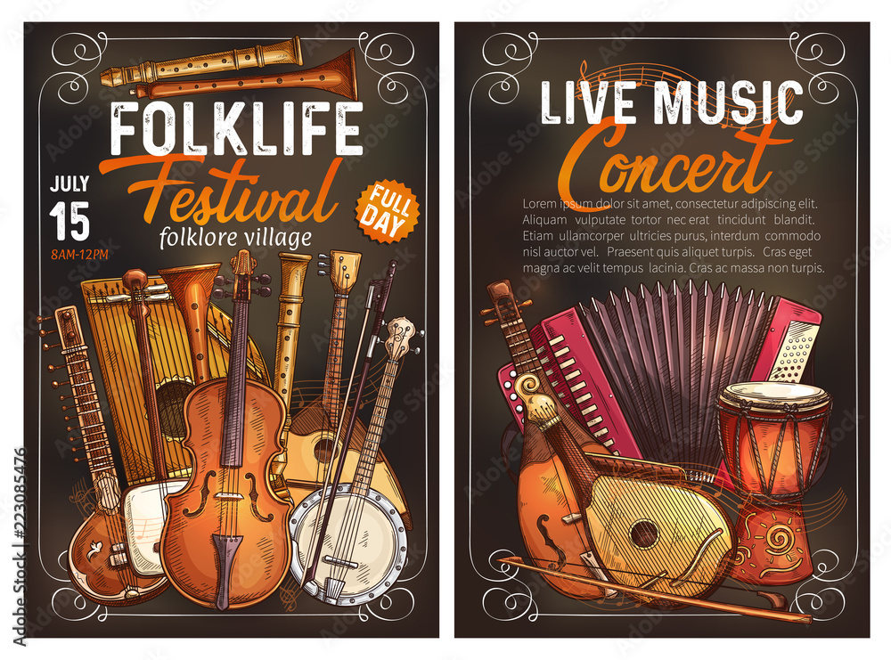 Fototapeta premium Folk music festival poster with ethnic instrument