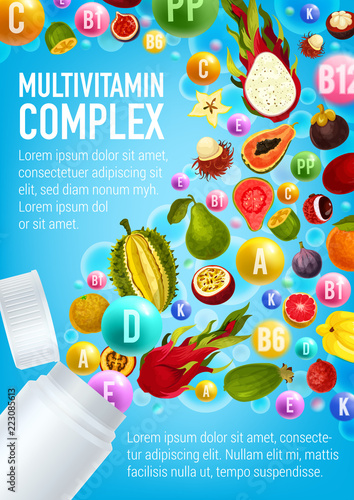 Multivitamin poster, vitamin pill and fruits