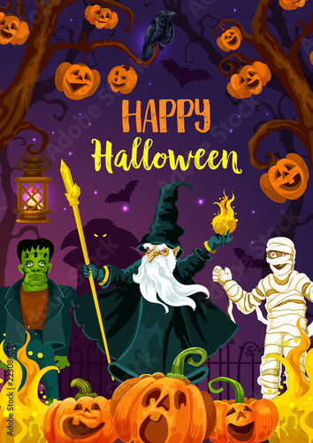 Halloween pumpkin, zombie, mummy and wizard