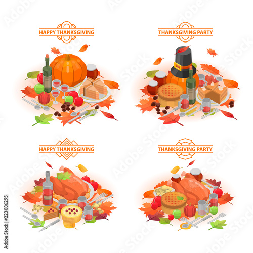Thanksgiving day banner set. Isometric set of thanksgiving day vector banner for web design