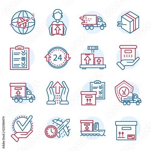 Global parcel delivery icon set. Outline set of global parcel delivery vector icons for web design isolated on white background