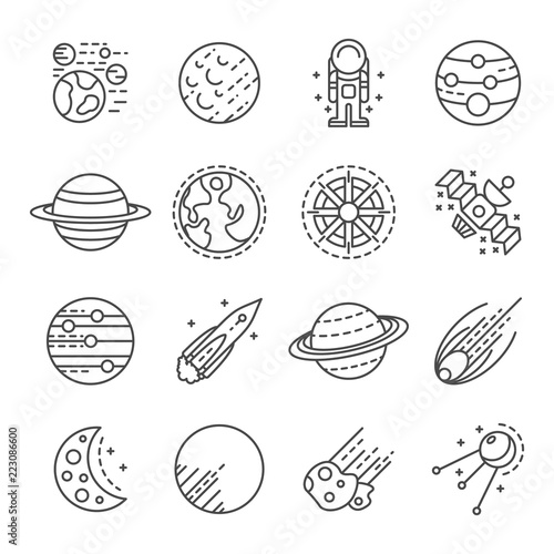 Planets icon set. Outline set of planets vector icons for web design isolated on white background