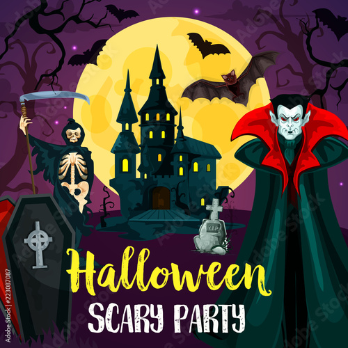 Halloween castle, bats and monster