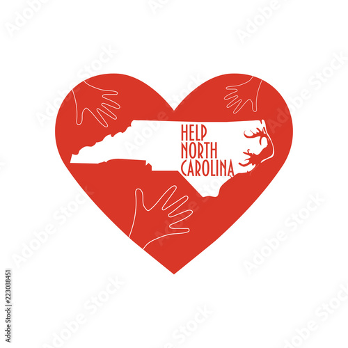 Helping hands, heart, North Carolina map. Support for volunteer, charity or relief work after Hurricane Florence.