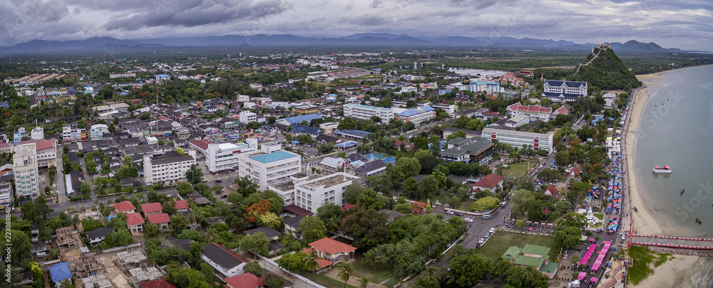 Naklejka premium prachuap khiri khan - june24,2016 : aerial view of prachuap khiri khan province one of southern town in thailand ,prachuap is narrowest and longest province in thailand
