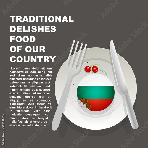 Traditional delicious food of Bulgaria country poster. European national dessert. Vector illustration cake with national flag of Bulgaria