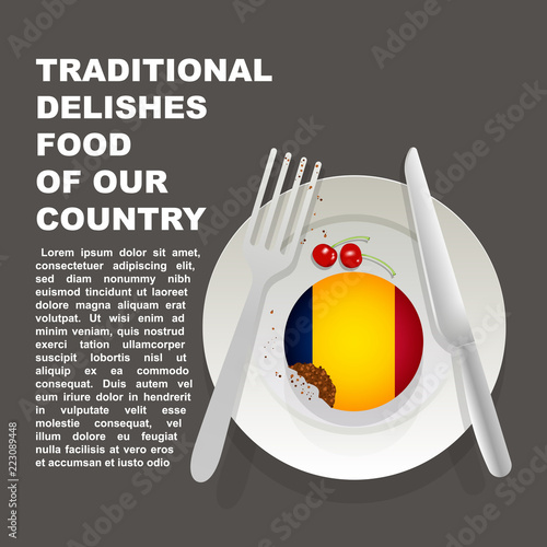 Traditional delicious food of Chad country poster. African national dessert. Vector illustration cake with national flag of Chad