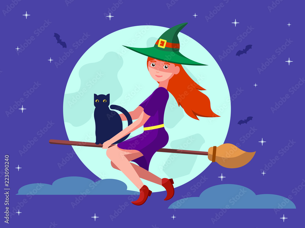 Witch on a broomstick with a black cat
