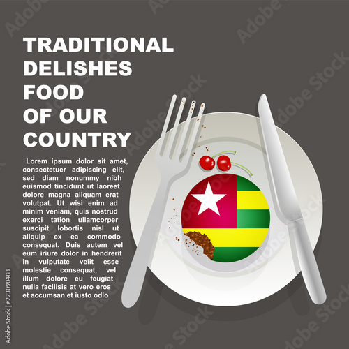 Traditional delicious food of Togo country poster. African national dessert. Vector illustration cake with national flag of Togo