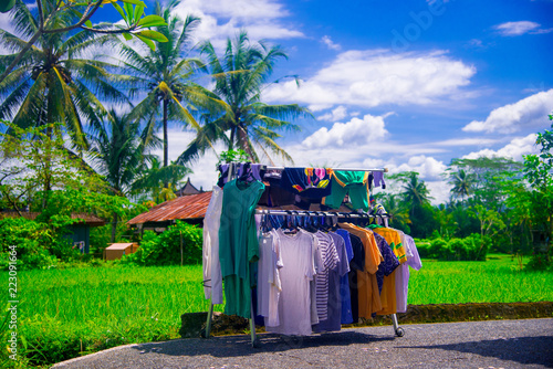 Laundry nearby the rice field in Bali, Indonesia. Bali is an Indonesian island and known as a tourist destination.