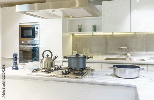 Bright modern kitchen with stainless steel appliances. Interior design.