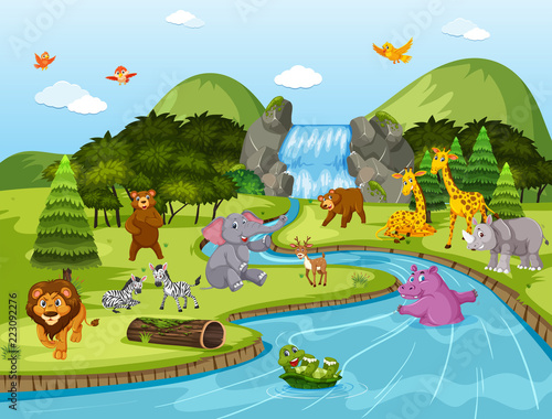 Animals in waterfall scene