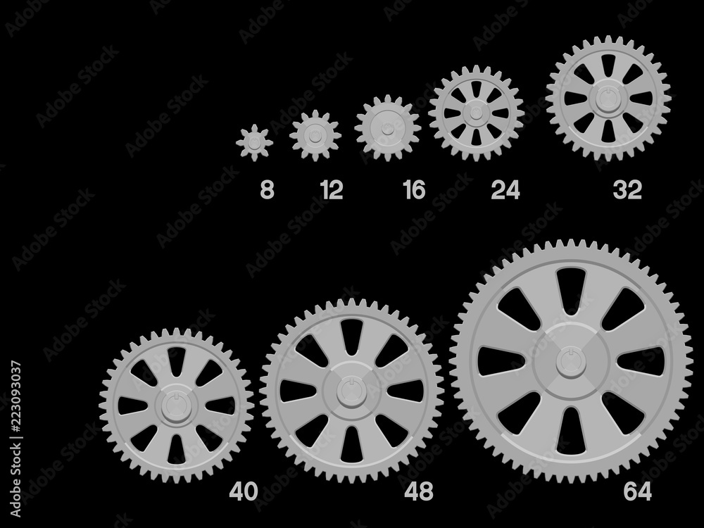 Set of basic gear 8 to 64 teeth. All gears can be assembled perfectly. Set of basic gear 8 to 64 teeth. All gears can be assembled perfectly.